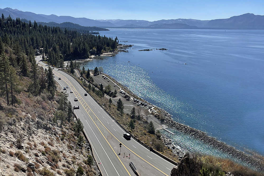 A photo of U.S. 50 and Lake Tahoe from cave rock