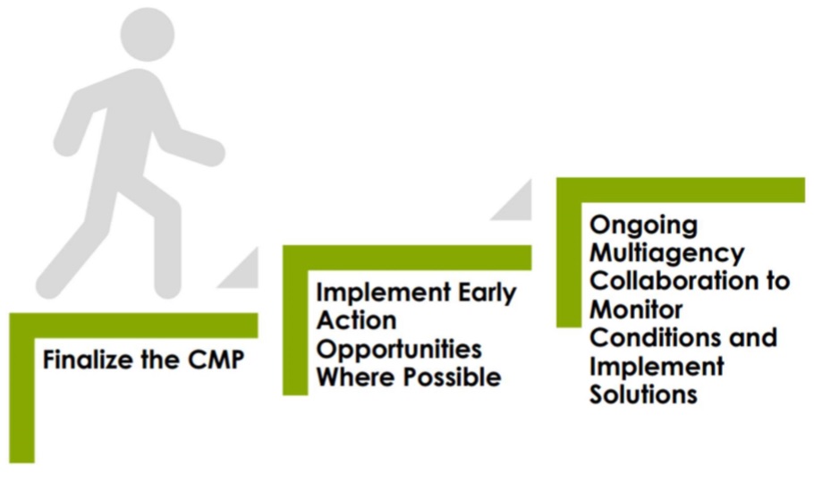 Final Steps for CMP implementation includes step one, to finalize the CMP, step two, to implement early action opportunities where possible, and step three, ongoing multiagency collaboration to monitor conditions and implement solutions.