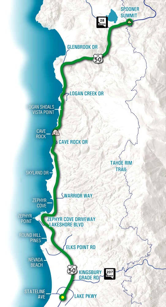 A map showing the project extents from Spooner Summit to Stateline.